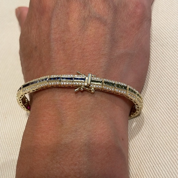 Multi color gems stones Sterling silver bracelet with yellow gold finish unisex - Picture 3 of 11